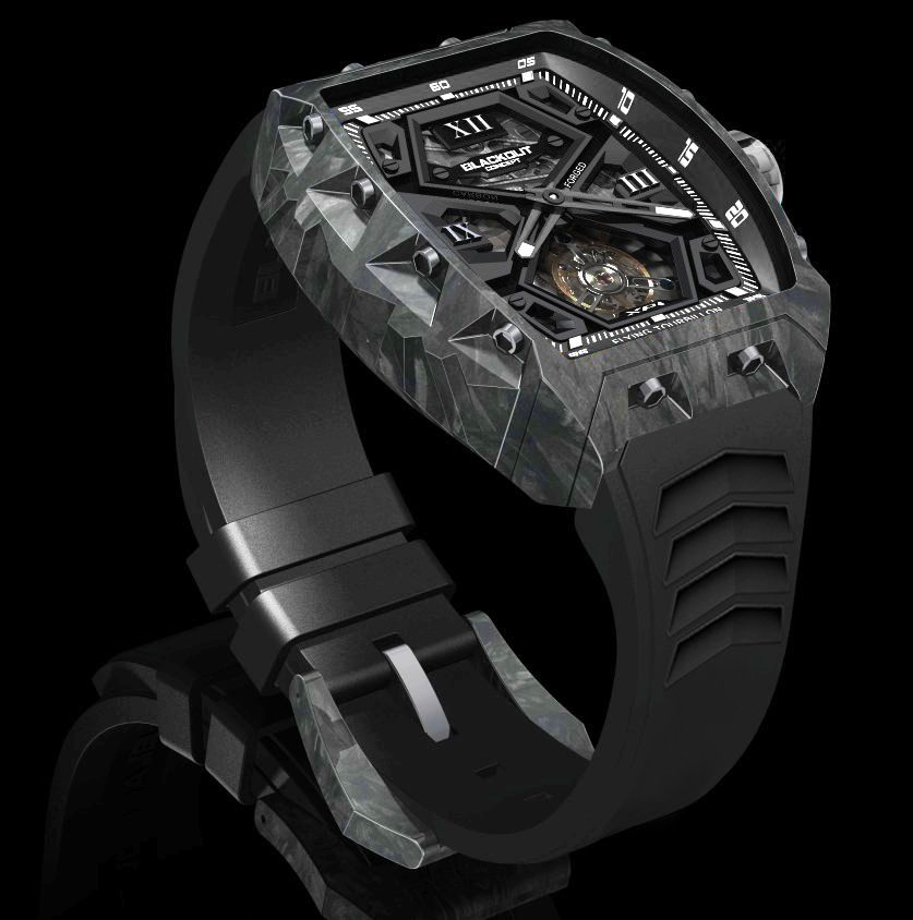 Montre Blackout XP1 Tourbillon, vue de trois quarts sur fond noir